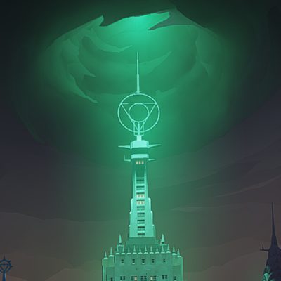 A tower glowing green under a stormy sky, from Deadlock